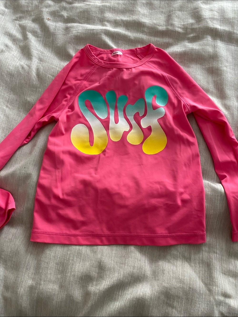Old Navy Pink Long-Sleeve Rashguard with Teal-to-Yellow 'Surf' Graphic